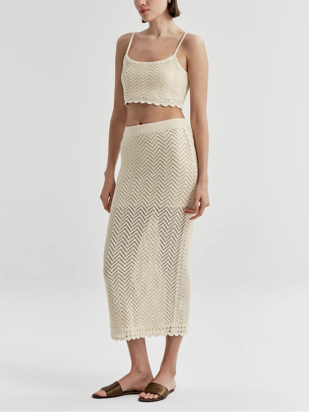 A.L.C. Chevron Crochet Midi Skirt and Bra Top in Cream